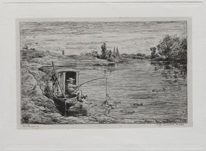Bådturen: Cabin Boy Fishing Line Fishing, 1861. af Charles Francois Daubigny