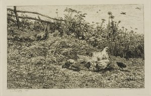 Hønen og hendes kyllinger af Charles Francois Daubigny