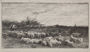 Den store fårefold, originalt aftryk 1862, trykt i 1921. af Charles Francois Daubigny