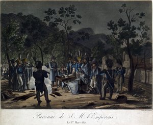 Napoleons tilbagevenden fra Elba. Napoleons bivuak ved Golfe-Juan den 1. marts 1815 - Levachez, Charles Francois Gabriel (aktiv 1760-1820) - 1815 - Akvatinte - 29,5x30 - Privat samling