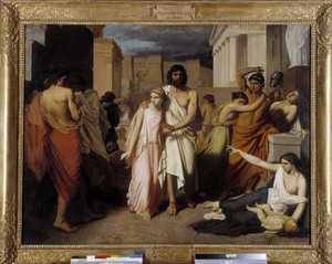 Ødipus og Antigone siger også "Thebes pest"". Ødipus flygter fra indbyggernes forbandelse