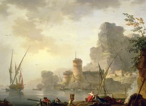 En Middelhavets havnescene ved solnedgang