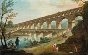 Et flodlandskab med figurer på en vej ved siden af en dobbelt akvædukt (olie på lærred) af Charles François Grenier de (attr.to) Lacroix