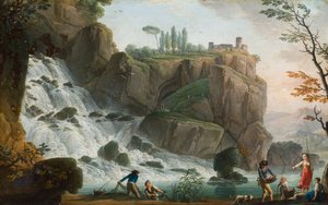 Et klippelandskab med figurer ved et vandfald (olie på lærred) af Charles François Grenier de (attr.to) Lacroix