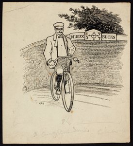 En mand på cykel foran et skilt, der markerer amtsgrænsen mellem Middlesex og Buckinghamshire
