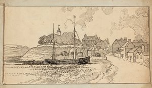 En sejlbåd på stranden ved lavvande, ved en bane, der fører op mod en landsby af Charles George Harper