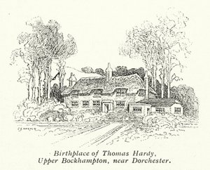 Thomas Hardys fødested, Upper Bockhampton, nær Dorchester (litografi) af Charles George Harper