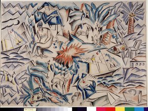 Middelhavslandskab Landskab med både, dyr, vegetation (palmetræ) og karakterer. Maleri af Charles Georges Dufresne (1876-1938) Dim. 45x62 cm. Obligatorisk omtale: Collection fondation regards de Provence, Marseille