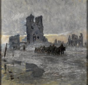 Hestetrukne transporter, muligvis et artilleritog, der passerer den ødelagte stofhal, Ypres af Charles Gilbert Holiday