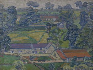 Landskab med bondehuse, ca. 1912-13 (olie på lærred)