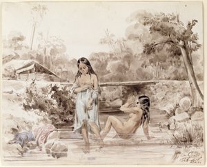 Tahitians Bathing, 1844 (pen og vask på papir) af Charles Giraud