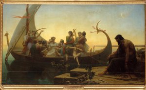 Fortabte illusioner eller aften En allegorisk scene, der skildrer karakterer på en afgående drakkar, en mand bliver ved kajen med en lyre. Maleri af Charles Gleyre (1806-1874) 1800-tallet søn. 1,56x2,38 m