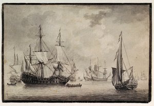 Hollandsk krigsskib, statsyacht og fjerntliggende skibe i en havn, slutningen af det 18. århundrede (pen, blæk) af Charles Gore