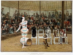 De lærde hunde: cirkusscene med klovn og hunde - efter Charles Green, engelsk chromo 1885. ¿De lærde hunde: cirkusscene med klovn og hunde - efter Charles Green, engelsk chromo 1885. ¿ af Charles Green