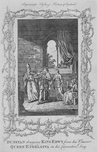Dunstan trækker kong Edwy fra sin gemalinde dronning Ethelgiva på hans kroningsdag, 1773. af Charles Grignion