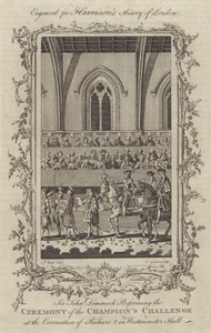 Sir John Dimmock udfører ceremonien for Champions Challenge ved Coronation of Richard II i Westminster Hall, 1377 af Charles Grignion