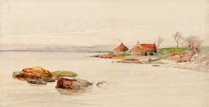 Kystscene med hytter (akvarel)