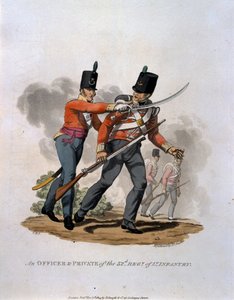 En officer og en menig fra 53. regiment af let infanteri, fra "Costumes of the Army of the British Empire, according to the last regulations 1812", graveret af J.C. Stadler, udgivet af Colnagh