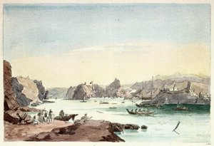 Muscat-bækken (Oman). Maleri af oberstløjtnant Charles Hamilton Smith (1776-1859) af Charles Hamilton Smith