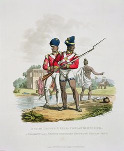 Indfødte tropper i det østindiske kompagnis tjeneste: en sergent og en menig grenader-sepoy fra den bengalske hær, indgraveret af Joseph Constantine Stadler, 1815 (akvatint)