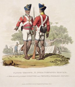 Indfødte tropper i det østindiske kompagnis tjeneste: en sergent for let infanteri og en menig fra Madras Sepoys, indgraveret af Joseph Constantine Stadler, 1815 (akvatint)