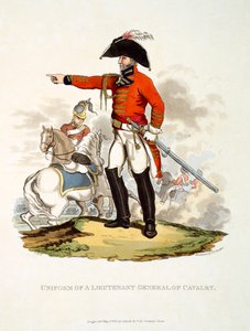 Uniform for en generalløjtnant af kavaleriet, fra "Costume of the British Empire, according to the Last Regulations", udgivet 1813 (håndkoloreret akvatint) af Charles Hamilton Smith