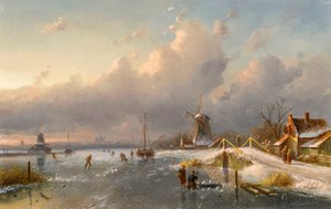 Et vinterlandskab med vindmøller og skatere på en frossen vandvej, 1840