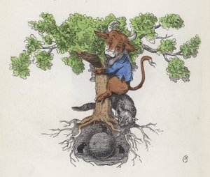 Ko op i et træ over en kat, der jager mus, der spiser ost (farvet indgravering) af Charles Henry (after) Bennett