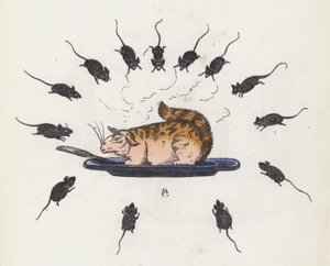 Gluten kat på en tallerken omgivet af sultne mus (farvet indgravering) af Charles Henry (after) Bennett