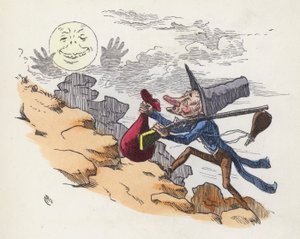 Mand klatrer op på en bakke for at skyde på månen (farvet indgravering) af Charles Henry (after) Bennett