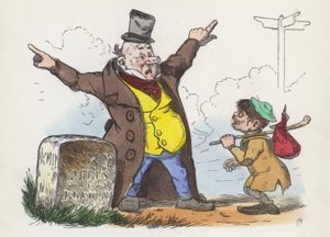 Mand giver forvirrende anvisninger til en rejsende på vej til London (farvet indgravering) af Charles Henry (after) Bennett
