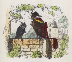 To katte på en havevæg (farvet gravering) af Charles Henry (after) Bennett