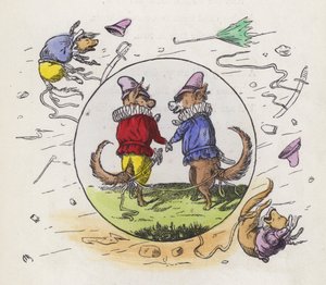 To hunde i Tudor-kostume ud og gå en tur på en blæsende dag med deres fortællinger bundet sammen for at forhindre dem i at blive blæst væk (farvet indgravering) af Charles Henry (after) Bennett