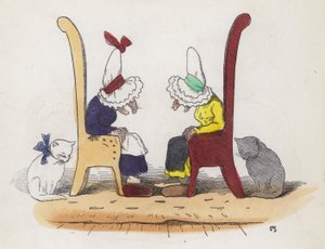 To gamle koner taler og falder i søvn (farvet indgravering) af Charles Henry (after) Bennett