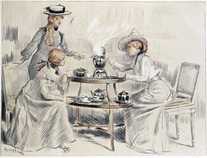 Damer tager te omkring en lille samovar - tegning af Henri Tenré, ca. 1910