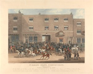 Steeple-chasing [sæt med seks]: St. Albans Grand Steeple Chase. / 8. marts 1832. Plade 1. Forberedelse til start ... af Charles Hunt
