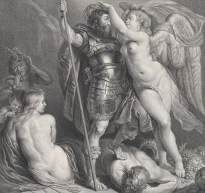 Helt kronet af Victory, der placerer en laurbærkrans på hans hoved, Venus og Amor ved..., ca. 1735-61. af Charles Hutin