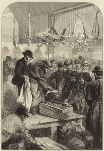En fiskeauktion i Columbia Market af Charles J. Staniland