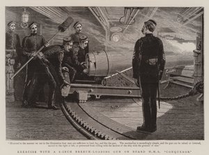 Øvelse med en 6-tommers kanon med forreste ladning om bord på HMS Conqueror af Charles J. Staniland