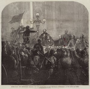 Inde i Paris bryder røde republikanere ind i den provisoriske regerings rådssal på Hotel De Ville af Charles J. Staniland