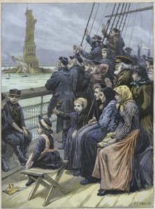 Jødiske immigranter ankommer til New York, USA i 1892 - Jødiske flygtninge fra Rusland passerer den kolossale statue i New Yorks havn - gravering af Charles Joseph STANILAND- "" Ankomst af jødiske emigranter til New York i 1892, illustration af Charles Jos