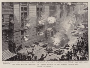 Kampen mellem armeniere og tyrkiske soldater ved den kejserlige osmanniske bank af Charles J. Staniland