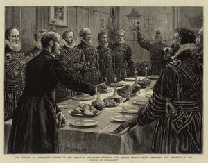 Parlamentets åbning, Yeomen af Hendes Majestæts kropsvagt drikker dronningens helbred efter at have gennemsøgt kælderen i parlamentets huse af Charles J. Staniland