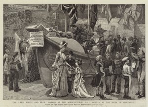 Den røde, hvide og blå basar ved landbrugshallen, åbnet af hertugen af Connaught af Charles J. Staniland