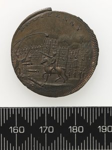 Bagsiden af et token, der forestiller Thomas Spence (kobber)