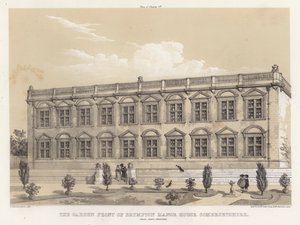 Haven foran Brympton Manor House, Somersetshire, Inigo Jones, arkitekt (farve litho)