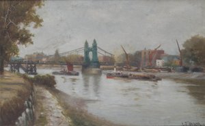 Hammersmith Bridge - den nuværende - efter 1887 - set fra Surrey-kysten af Charles John de Lacy