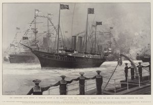 The Coronation Naval Review ved Spithead, 16. august, Hans Majestæts Yacht, Victoria og Albert, med kongen ombord, passerer gennem linjerne