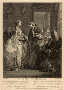 Ægtepagten. En ung mand lægger en pung i hænderne på en ung kvinde under øjnene på bekymrede mennesker, notarer og forældre. Værk af Charles Eisen (1720-1778), gravering