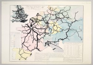 Figurativt og omtrentligt kort over rejsendes bevægelser på de vigtigste jernbaner i Europa i 1862, 1865 af Charles Joseph Minard